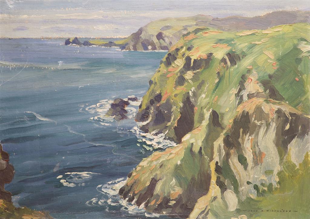 John Hobson Nicholson (1911-1988), oil on board, Coastal landscape, signed, 27 x 37cm